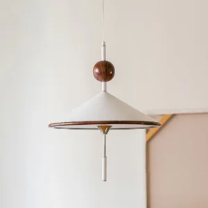 Mid-century modern alien pendant lamp showcasing walnut wood trim and metal rod detail, three-quarter angle