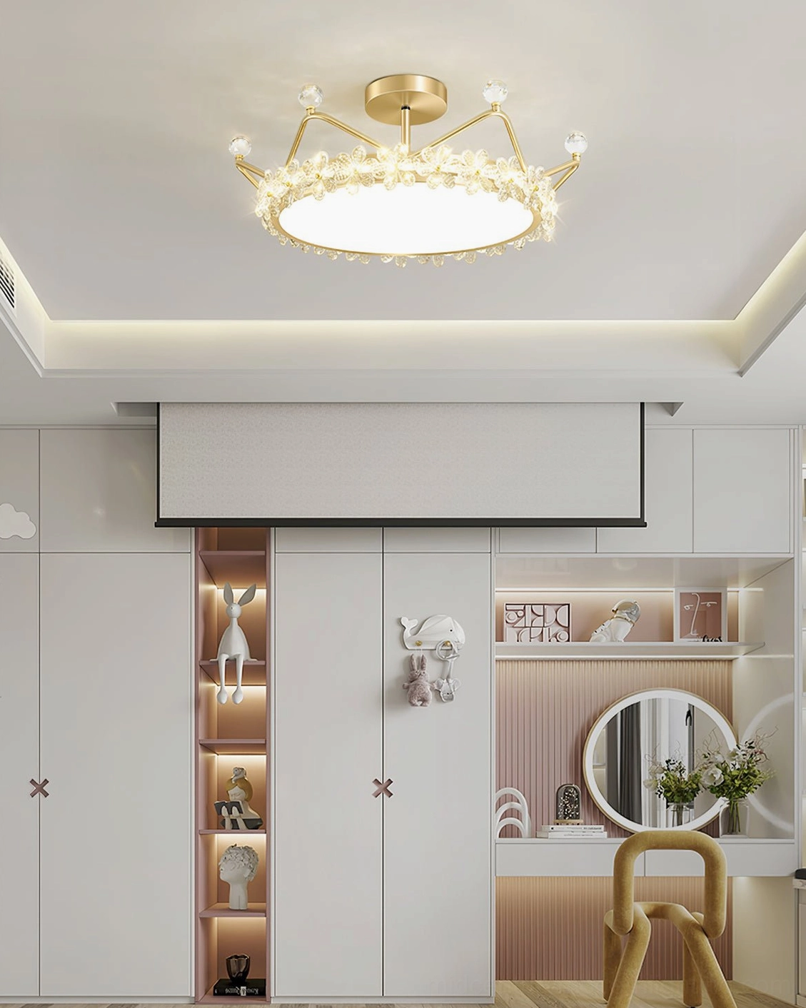 Mid-century modern inspired petal crown ceiling lamp, gold metal frame with crystalline petals in residential interior setting
