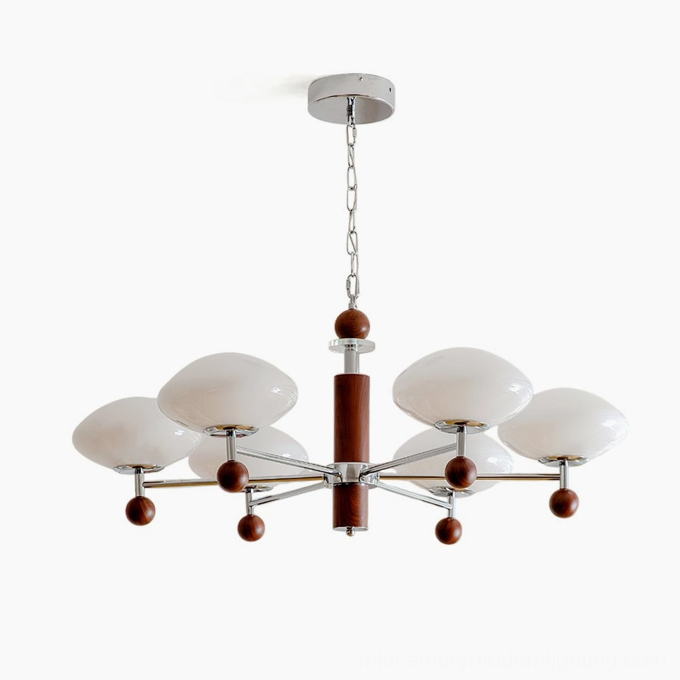 Modern mid-century pointed chandelier overhead view - studio photography showing chrome arms with walnut spheres and frosted white glass shades