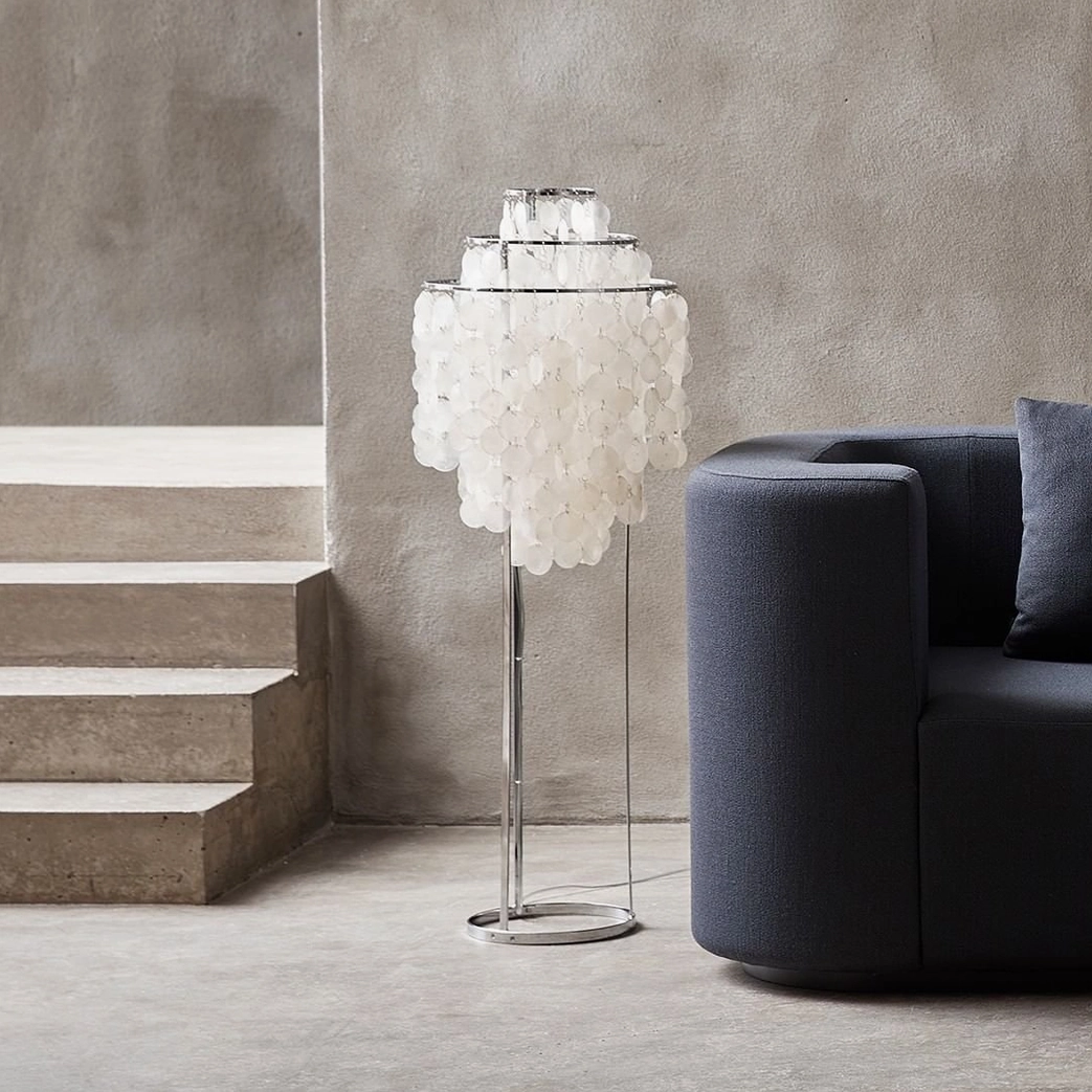 Mid-century modern inspired capiz shell floor lamp silhouette and form
