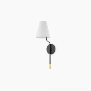 Mid-century modern black and brass wall sconce with white fabric shade, low side angle view showcasing two-tone finish