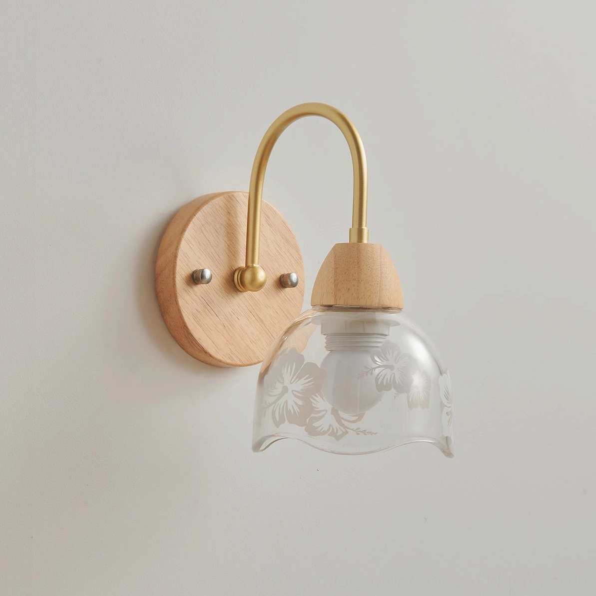Modern wall sconce with natural wood base and curved brass arm in gallery setting