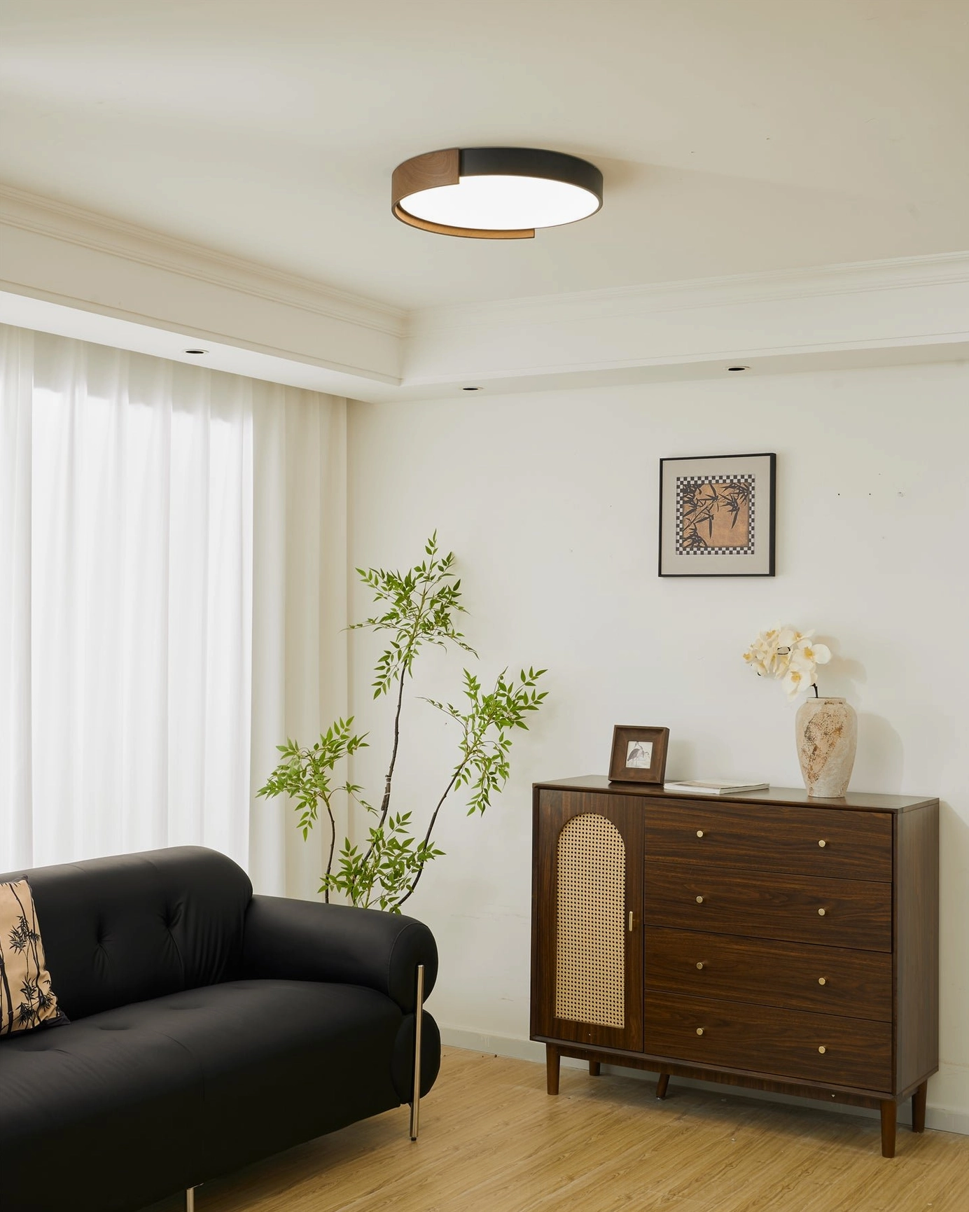 Mid-century modern ceiling light with walnut finish artistic styling