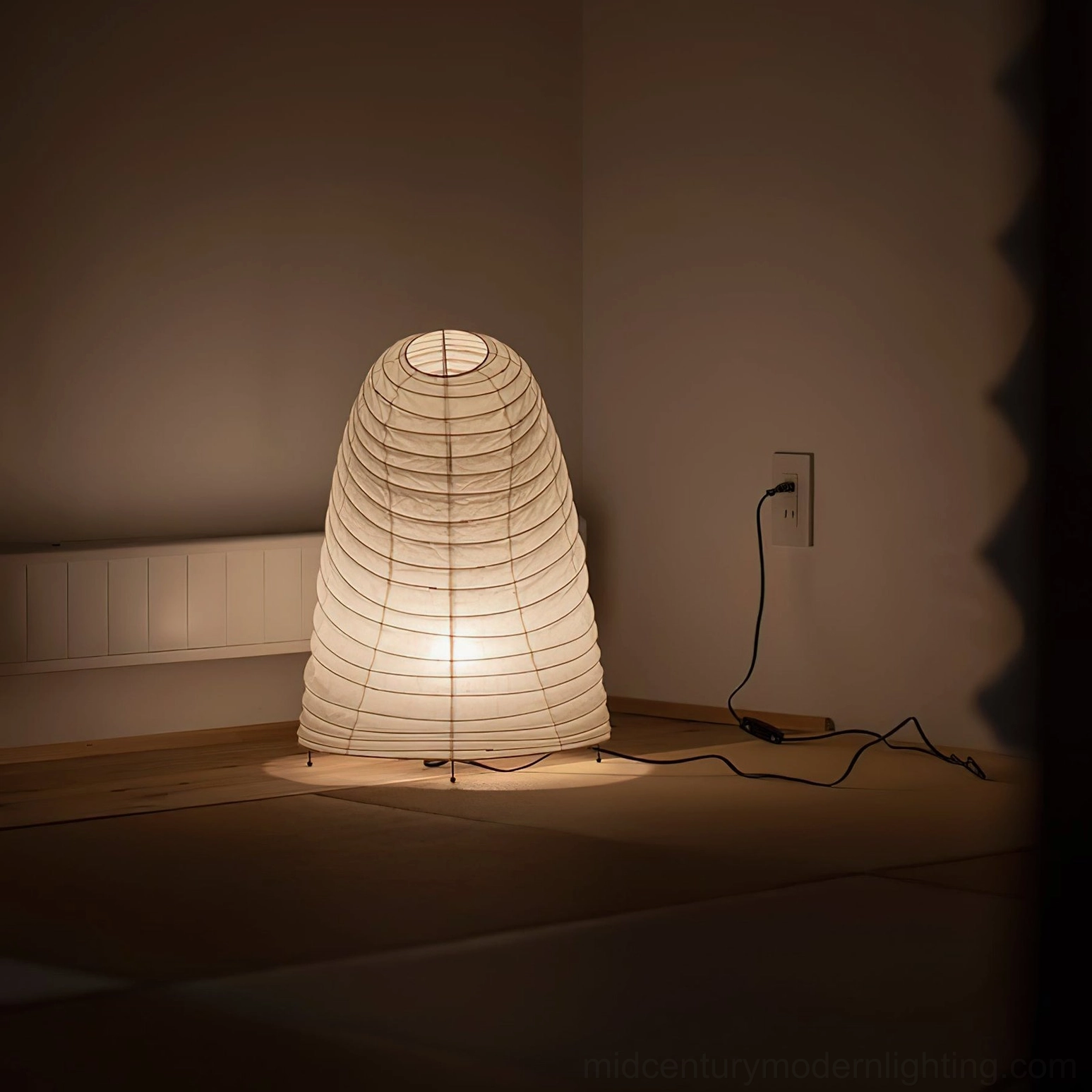 Mid-century modern washi paper table lamp featuring natural white paper shade with curved undulating form and circular light-emitting apertures