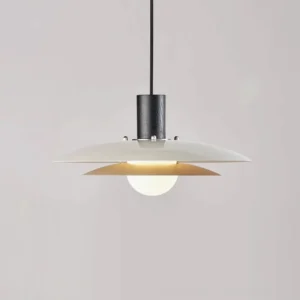 Mid-century modern wood pendant fixture close-up showing layered saucer design with exposed bulb socket and black canopy