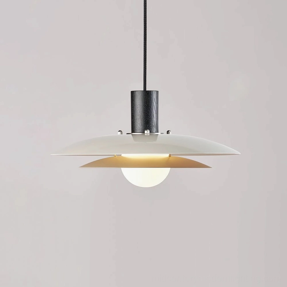 Mid-century modern wood pendant fixture close-up showing layered saucer design with exposed bulb socket and black canopy