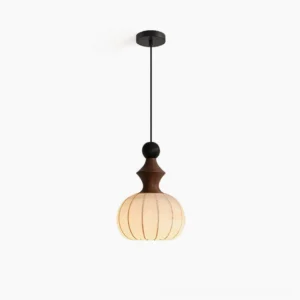 Mid-century modern wooden pendant light with ribbed fabric shade, frontal studio view showing walnut wood base and off-white fabric diffuser