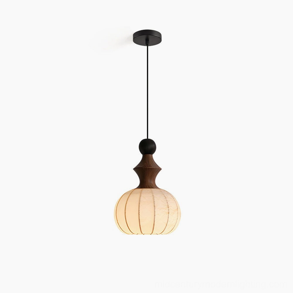 Mid-century modern wooden pendant light with ribbed fabric shade, frontal studio view showing walnut wood base and off-white fabric diffuser