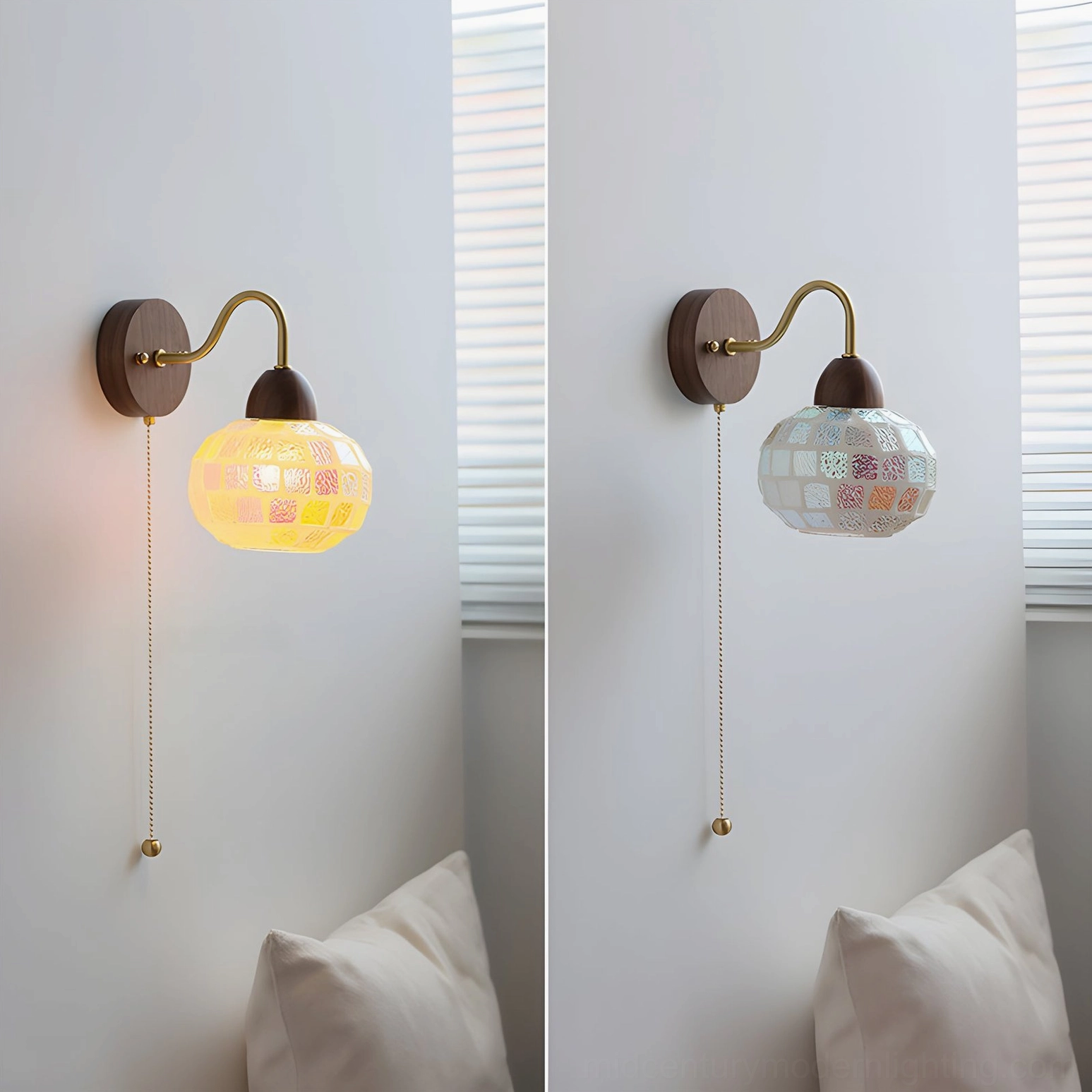 Mid-century modern mosaic glass wall lamp with bohemian color aesthetic and vintage brass mounting bracket