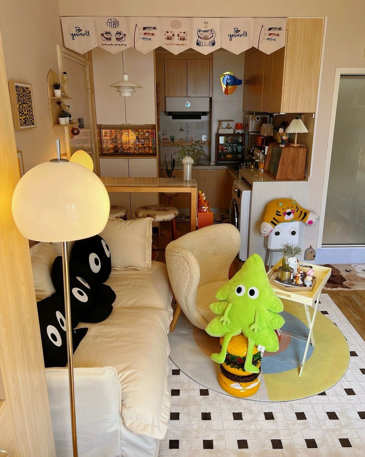 Mid-century mushroom floor lamp in bedroom vanity setup with ambient light