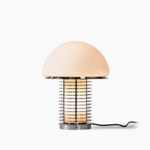 Mid-century modern mushroom table lamp with frosted glass dome and polished chrome base, front studio view