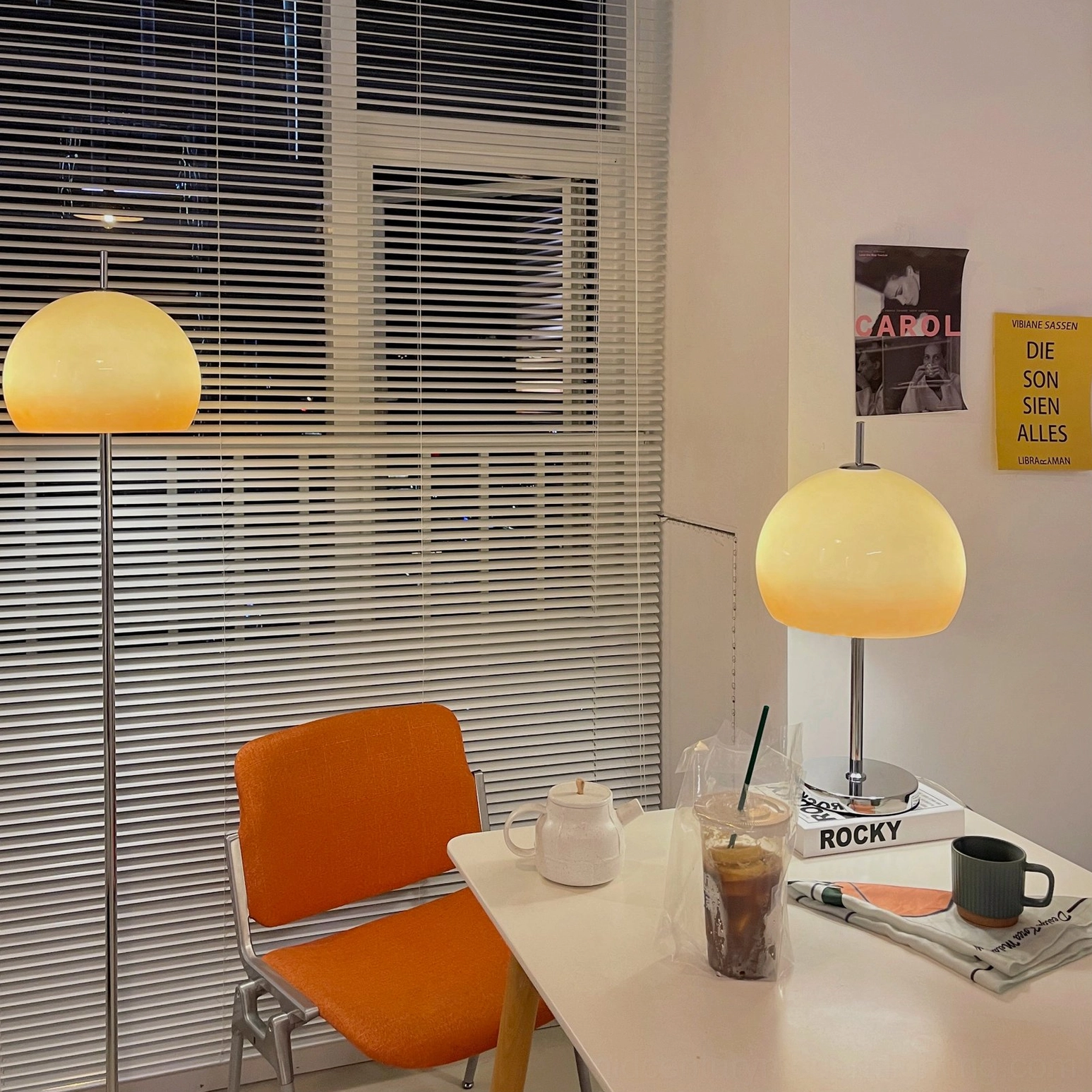 Mid-century modern mushroom floor lamp full view in home interior setting
