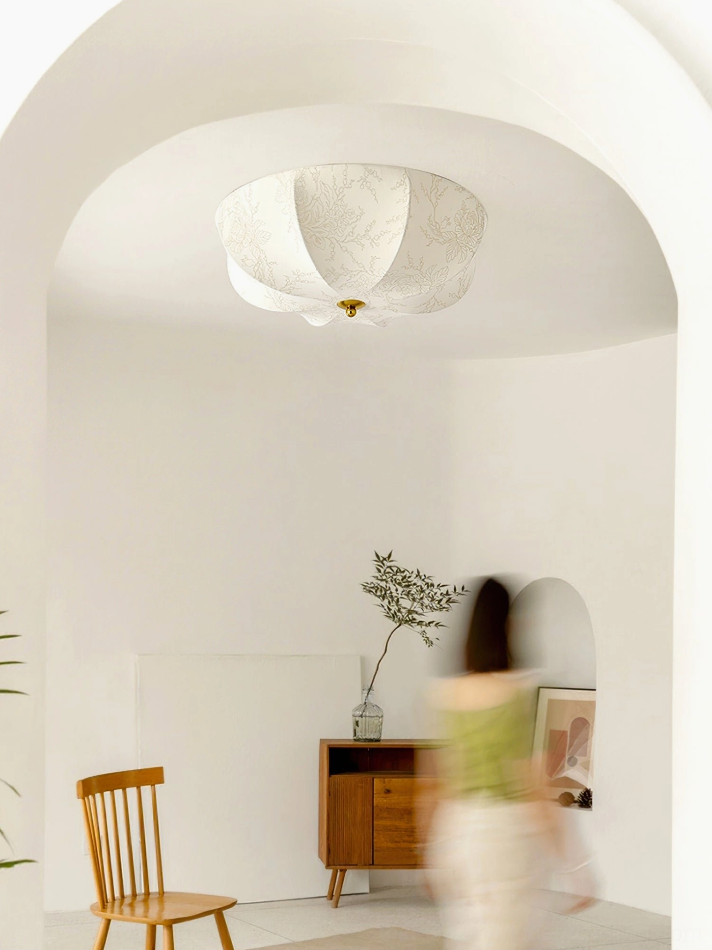Mid-century modern orchid fabric ceiling lamp demonstrating botanical design elements and elegant scalloped shade silhouette
