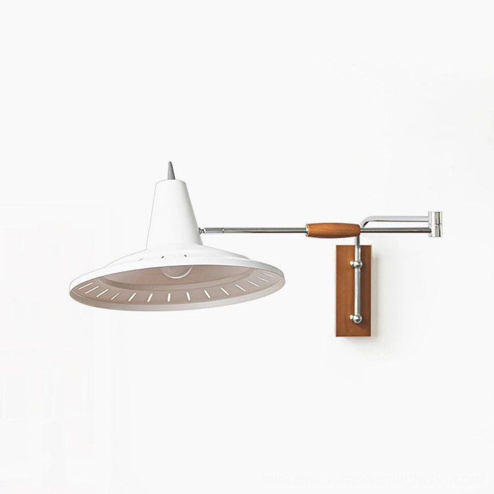 Paperclip swing arm wall lamp with mid-century modern design, featuring wood and chrome articulated elbow joint on white background