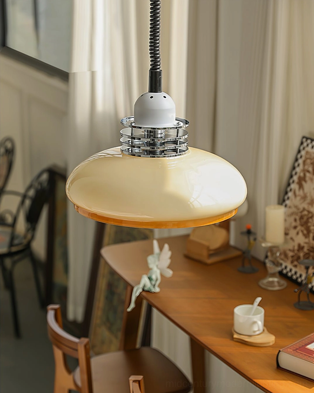 Vintage mid-century modern pendant lamp showing full suspension assembly and glass shade quality from alternate angle