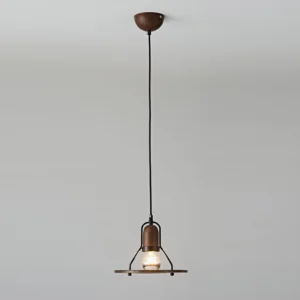 Compact disc-shaped pendant lamp shade in matte black metal, front view studio photography