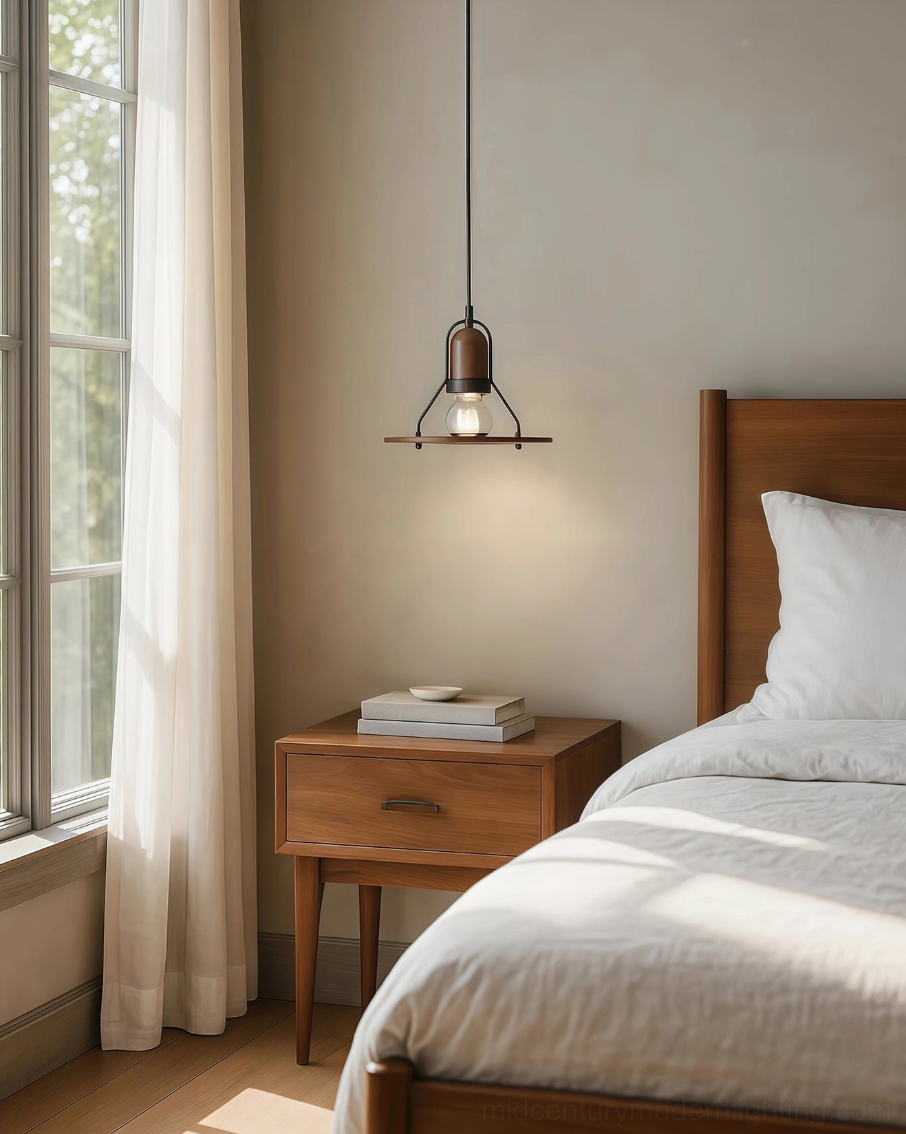 Mid-century modern pendant lamp in minimalist sunlit bedroom, neutral warm home decor aesthetic