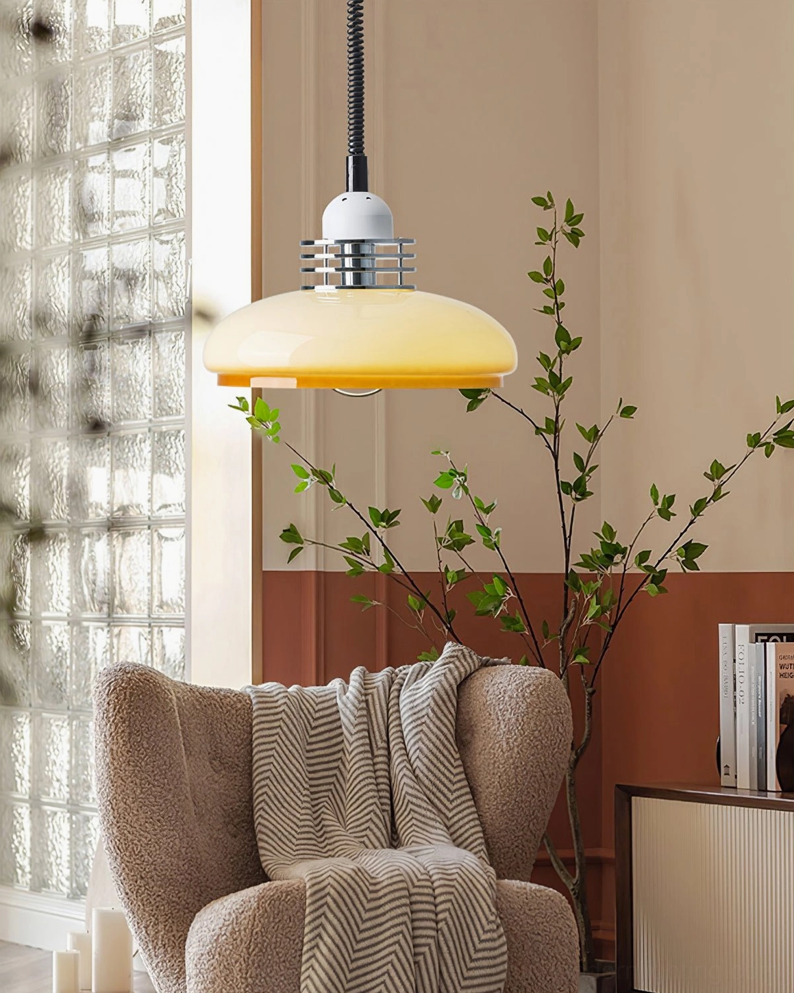 Overhead angled view of mid-century modern beige orange gradient glass pendant showing structural design elegance
