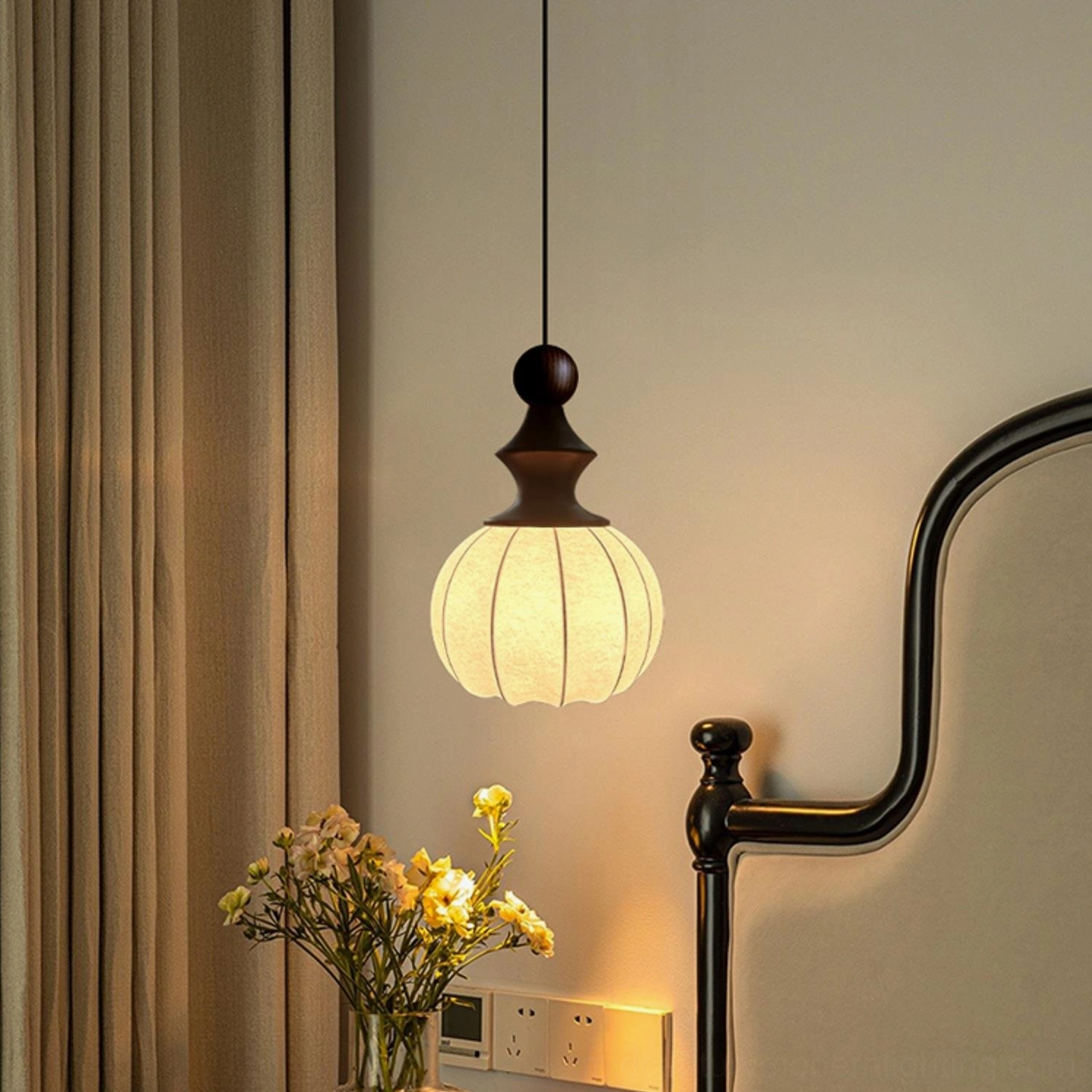 Modern mid-century pendant light available in white and walnut color options showing fabric shade and wooden construction