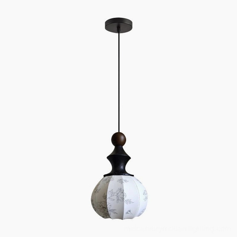 Mid-century modern pendant light Model B featuring white and walnut combination with ribbed fabric shade and turned wood base