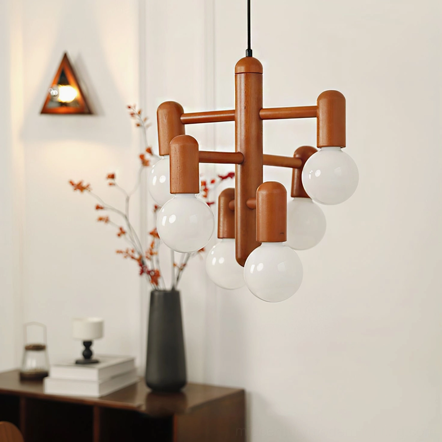Side view of mid-century modern pendant light in contemporary living room interior