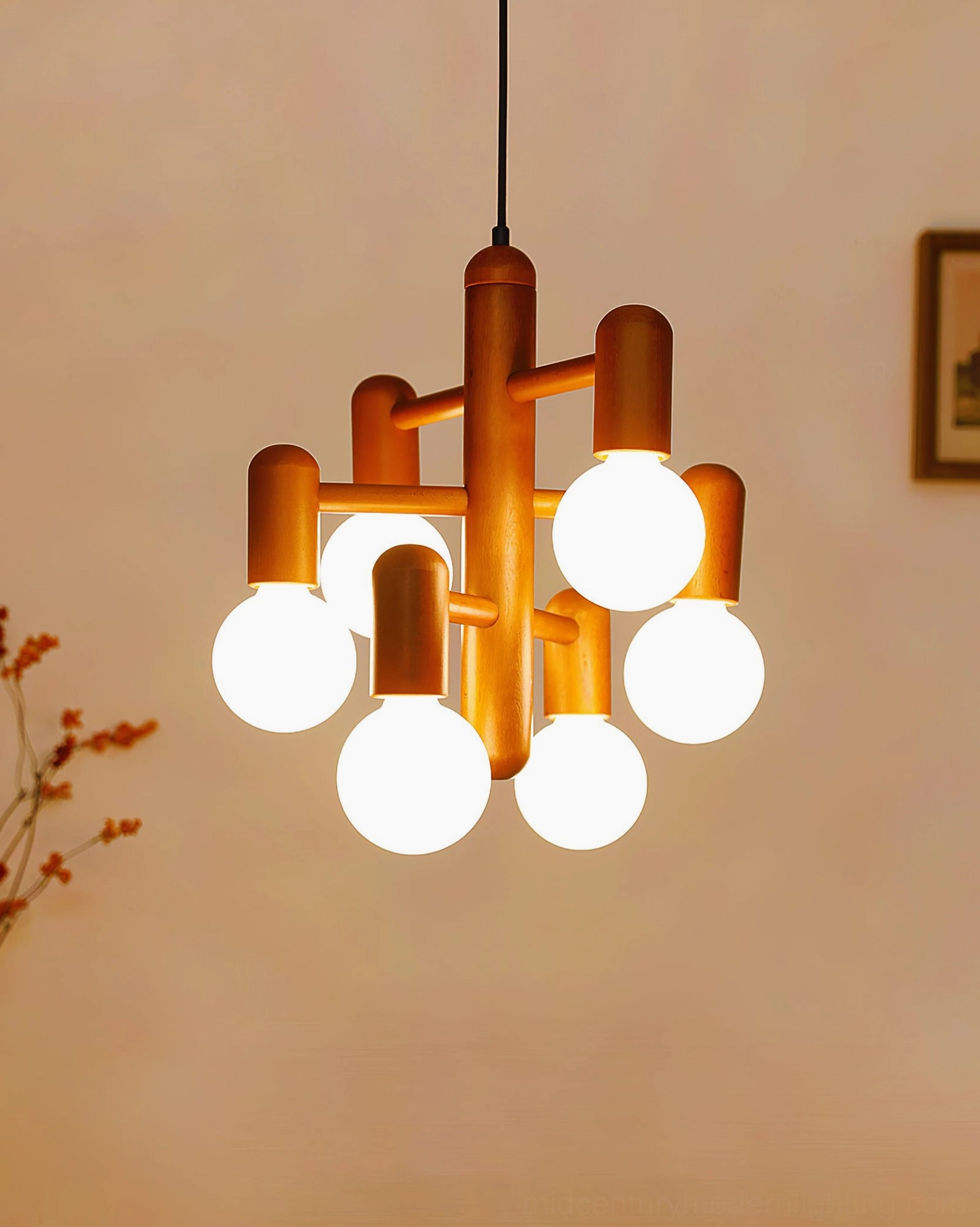Mid-century modern pendant light fixture showcasing solid wood craftsmanship and elegant form