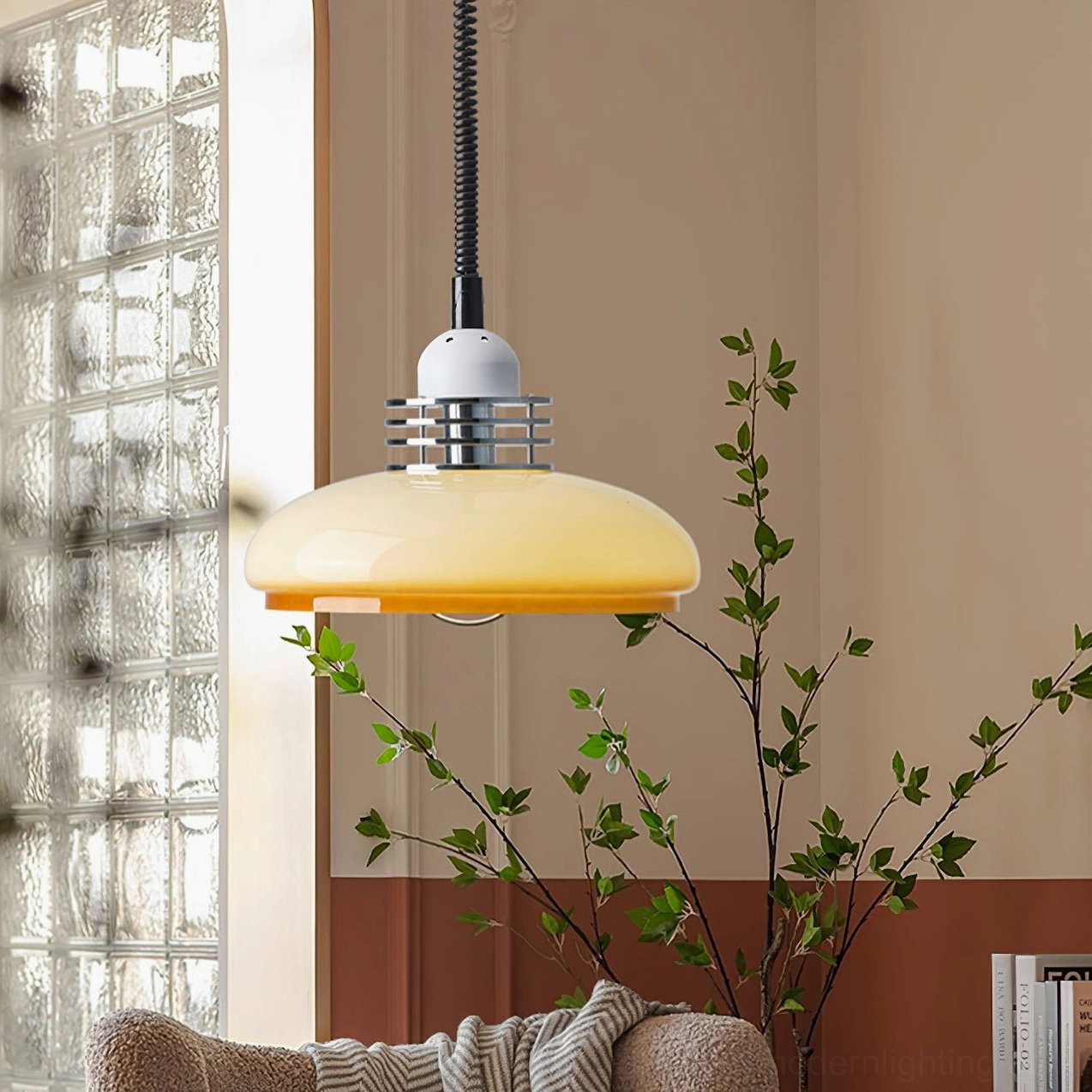 Mid-century modern pendant lamp installed in minimalist space showing clean lines and timeless design compatibility
