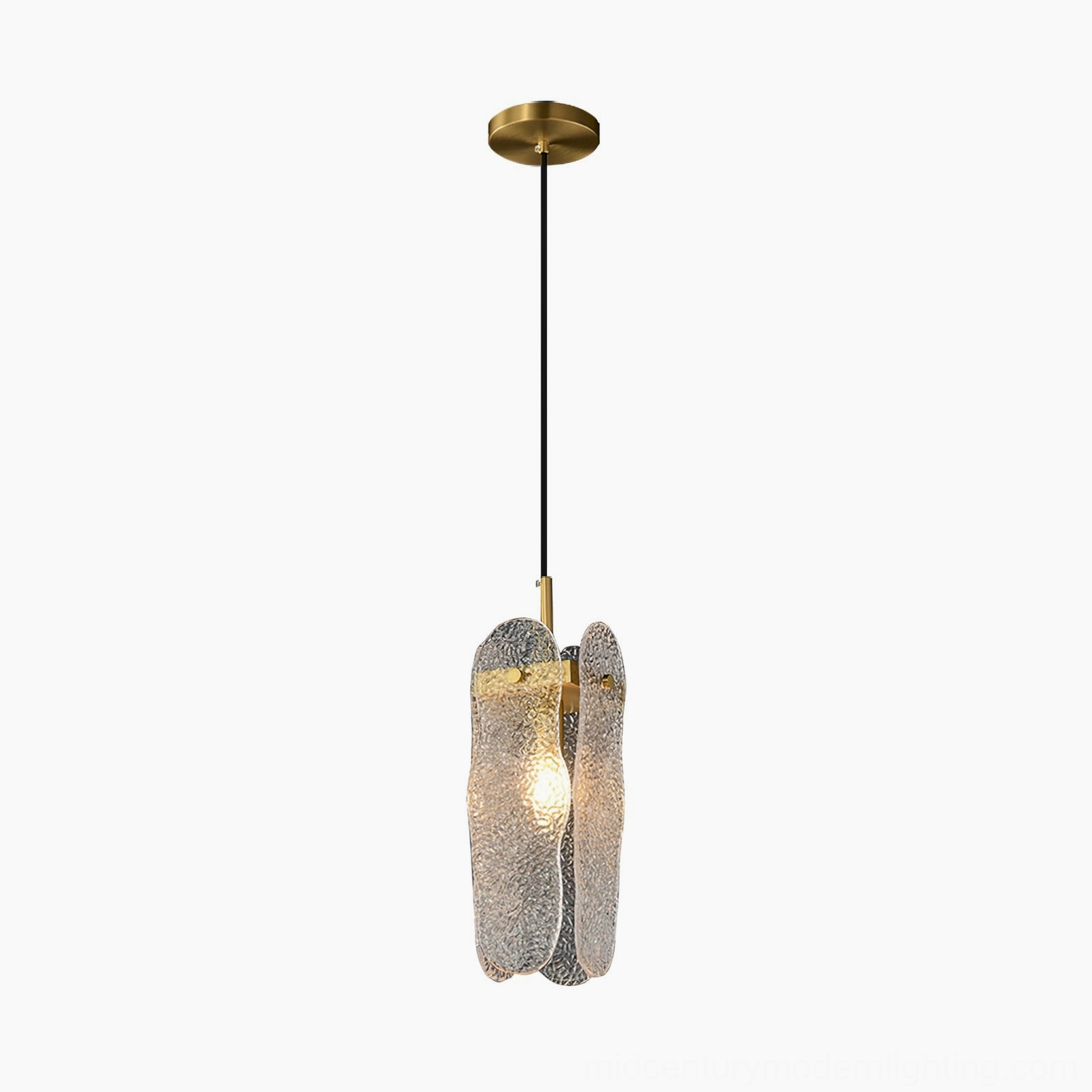 Mid-century modern inspired pendant light textured glass shade brass base