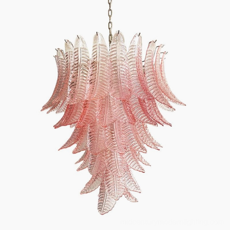 Mid-century modern inspired pink Murano glass palm leaf chandelier statement piece