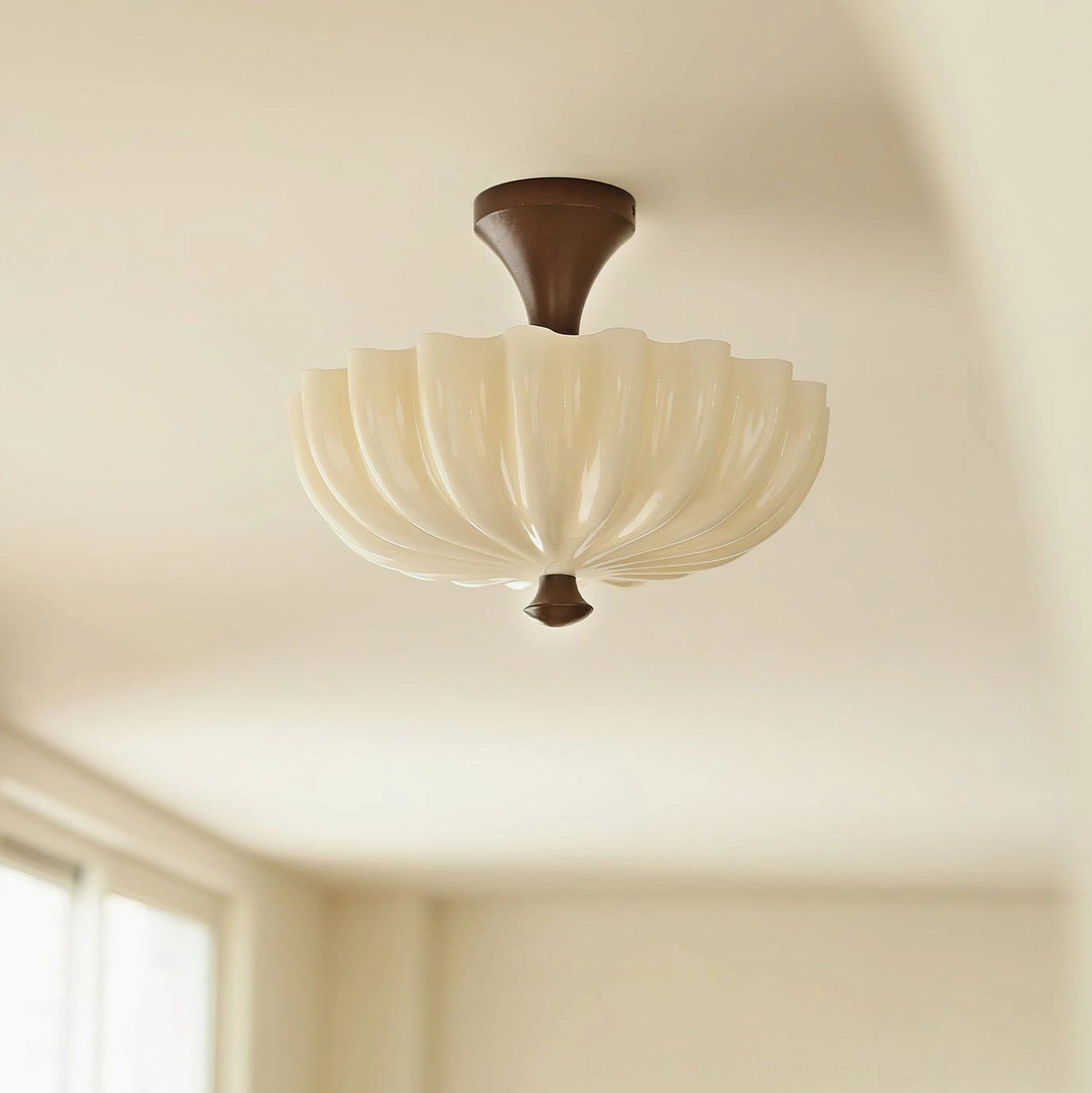 Bofea mid-century ceiling lamp mounted in sunlit residential room with warm ambient light and fluted ribbed glass