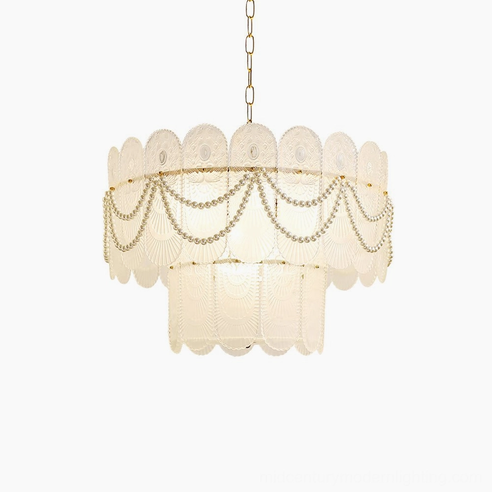 Mid-century modern two-tier scalloped glass chandelier in various room settings demonstrating style versatility and lighting impact, comprehensive product view