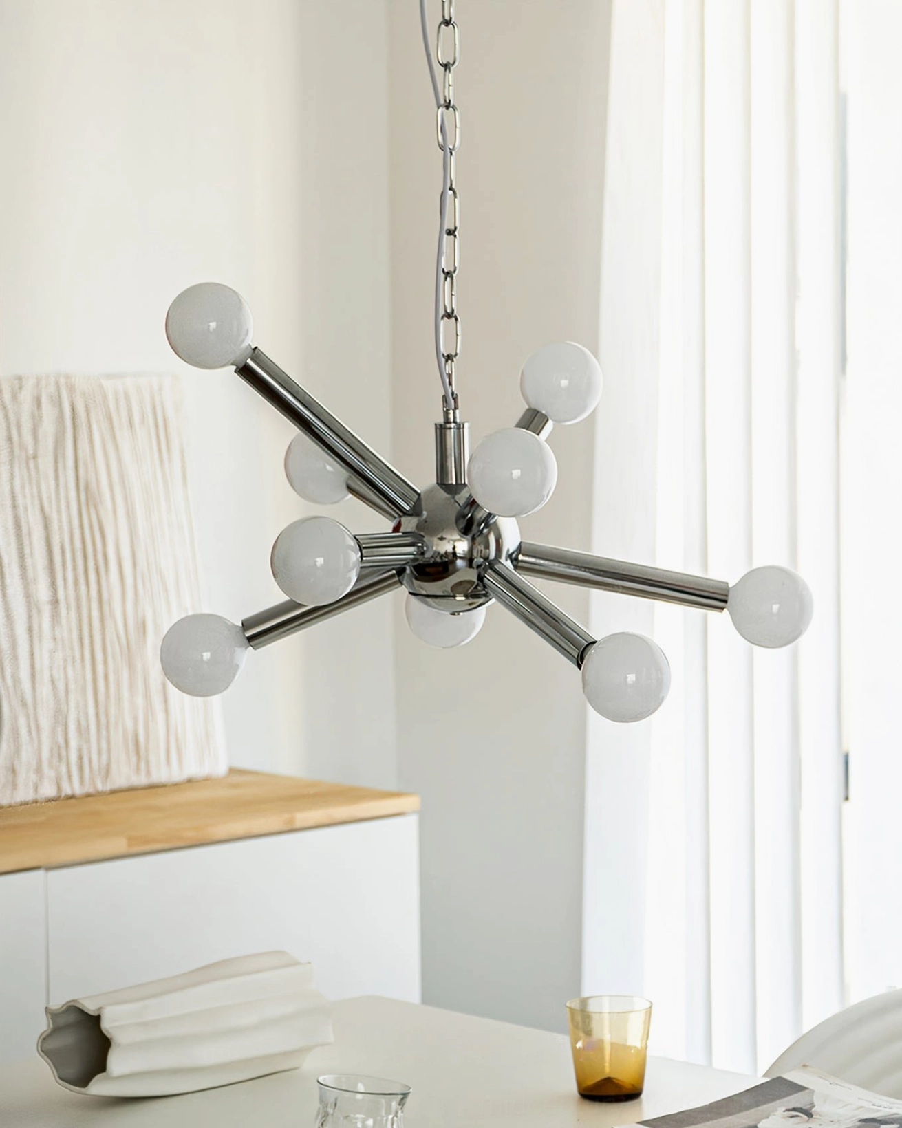 Sputnik pendant chandelier, polished chrome arms with white globe bulb covers, mid-century modern lighting fixture