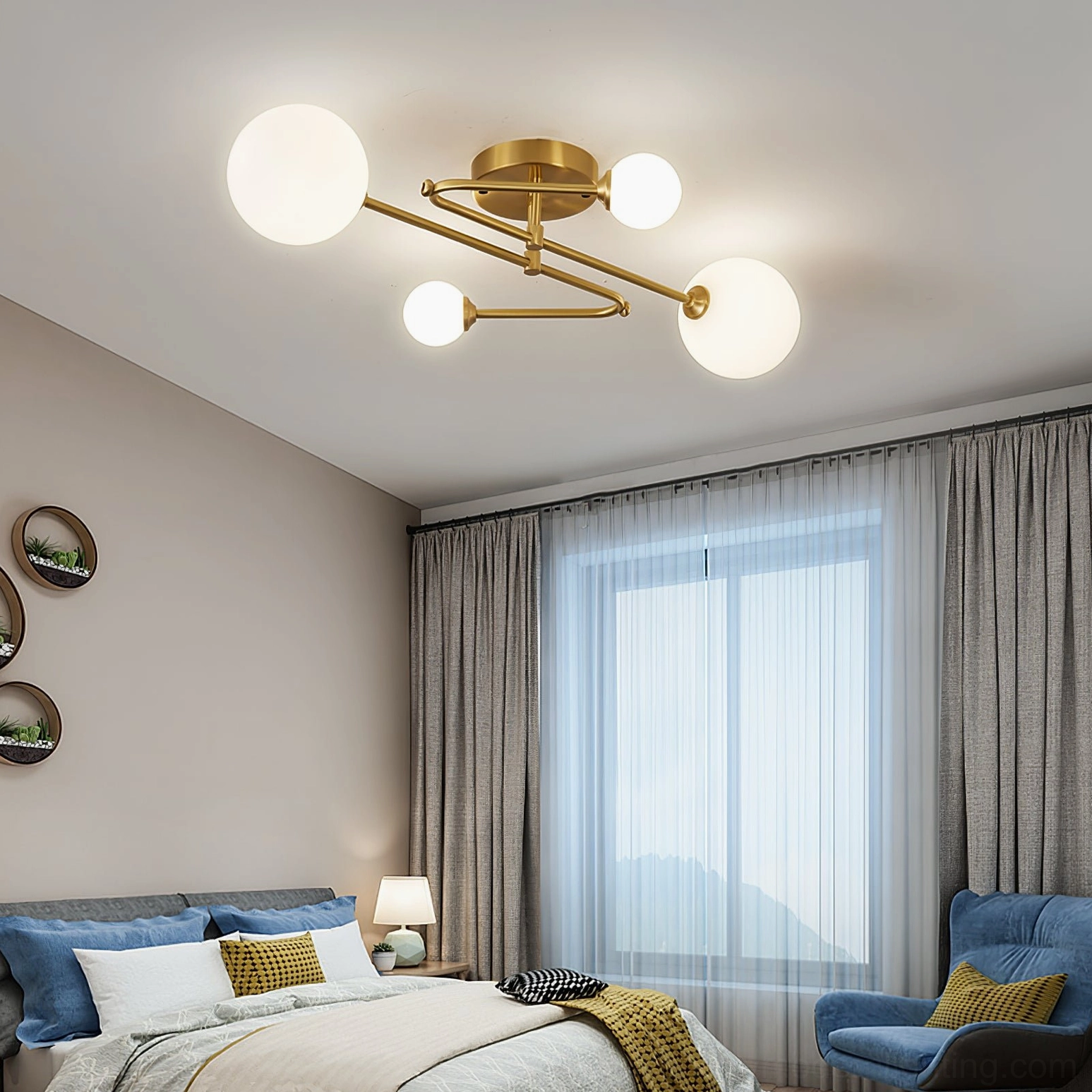 Mid-century sputnik light fixture with polished brass finish and white frosted glass globes