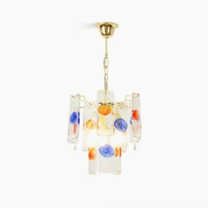 Artisan stained glass pendant lamp with blue and red glass panels, mid-century modern design, studio product photography
