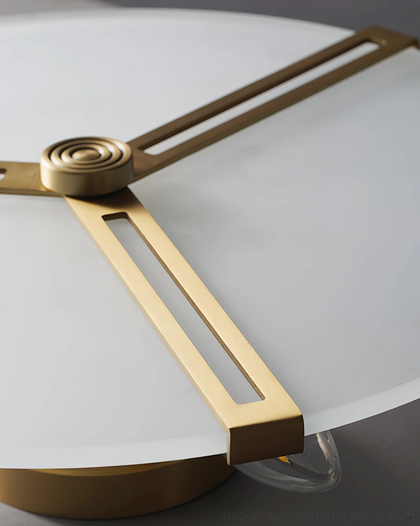 Mid-century style brass ceiling lamp with frosted white glass shade