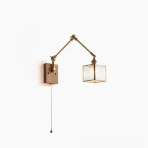 Mid-century swing arm wall lamp with brass hardware, ribbed square glass shade, and light wood base - front studio view