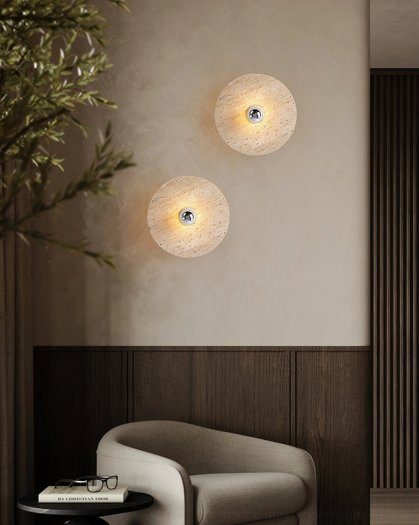 Mid-century modern travertine stone ceiling lamp warm white neutral residential interior lighting