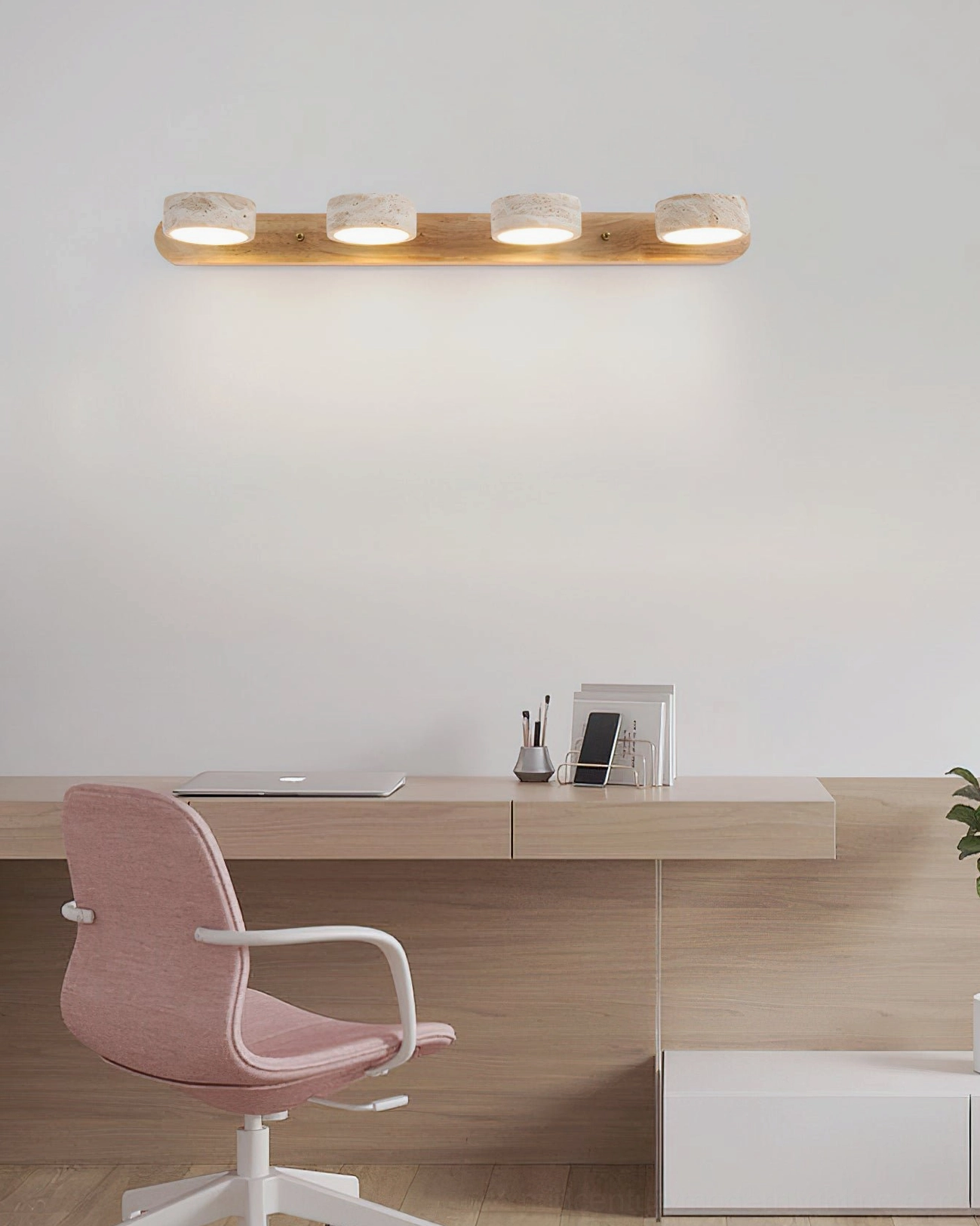 Mid-century modern travertine wall lamp design philosophy natural stone aesthetic