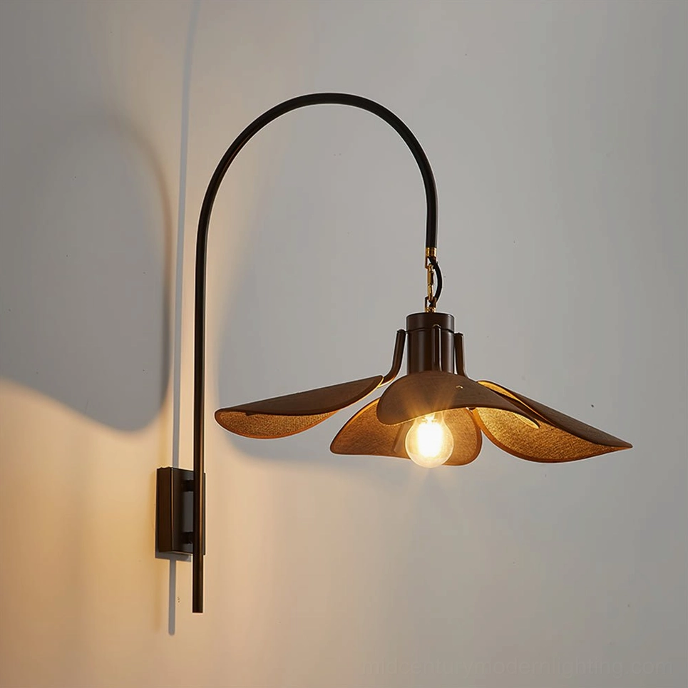 Riankh mid-century modern wall lamp in dark brown finish with sculptural curved metal arm