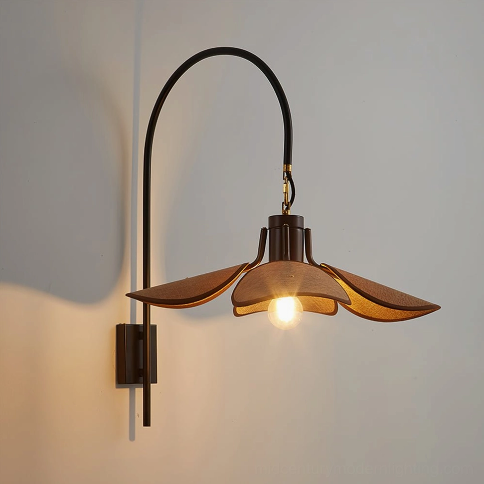 Riankh mid-century modern wall lamp in light brown finish showing petal-form fabric shade