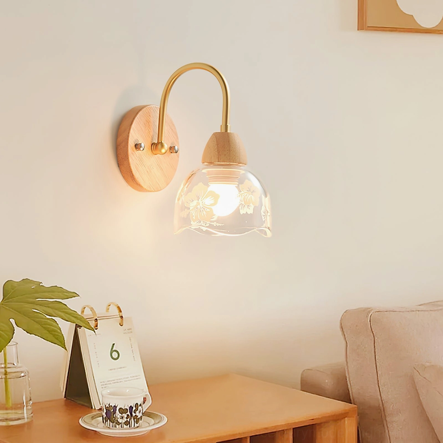Armed wall lamp installed in Nordic minimalist bedroom corner with side table