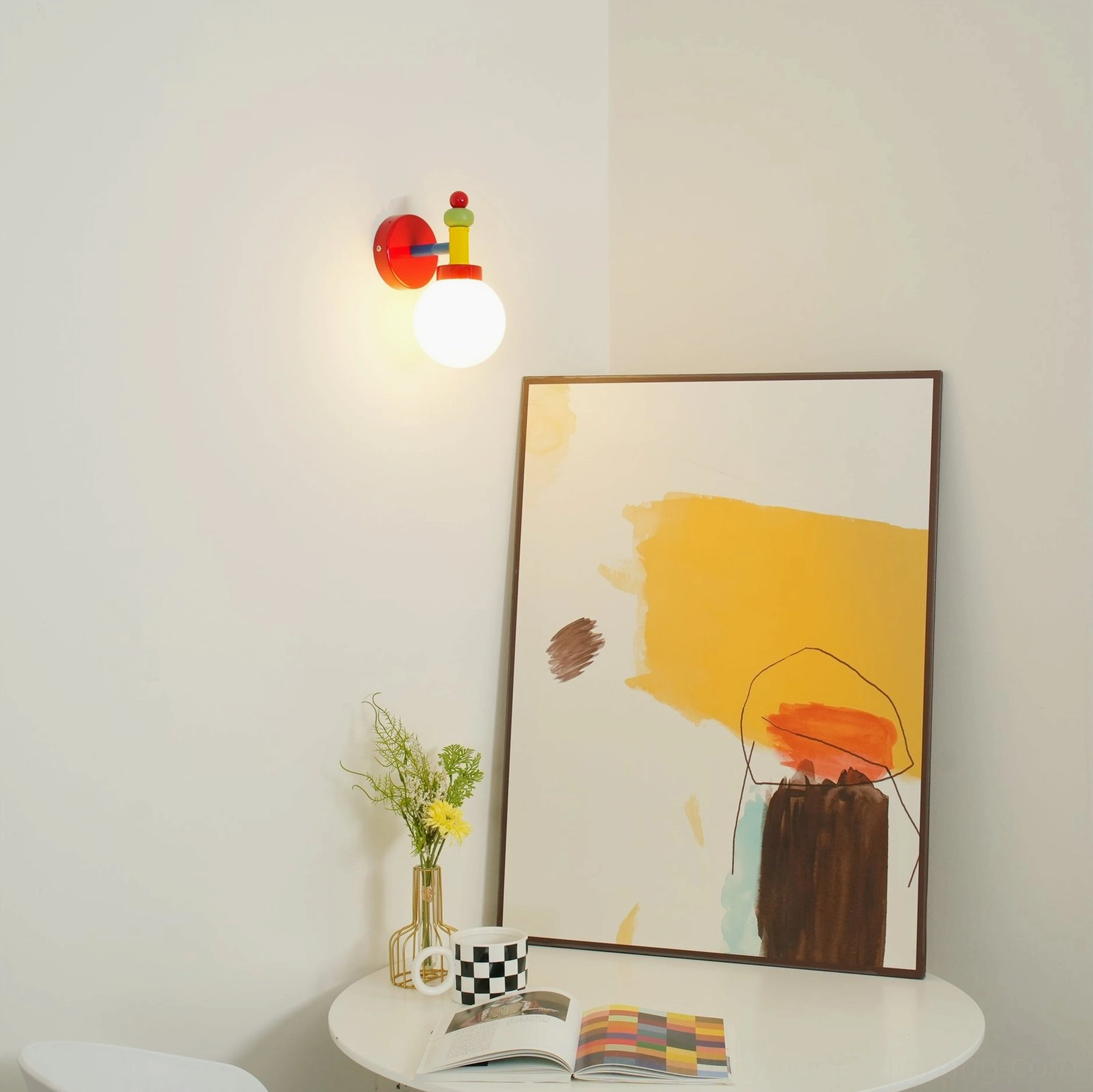 Modern mid-century wall sconce mounted display showing full construction and assembly