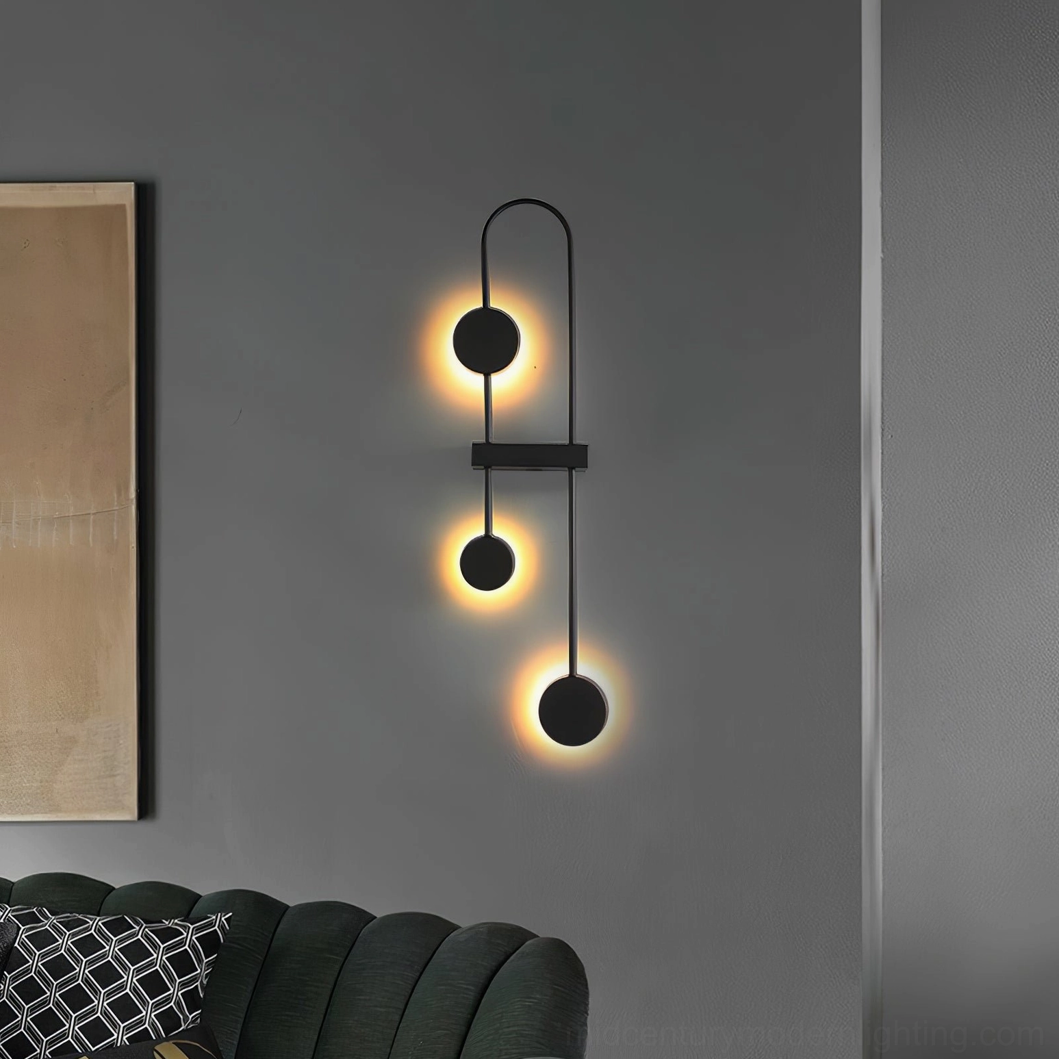 Mid-century modern inspired wall sconce with sculptural geometric pendant arrangement