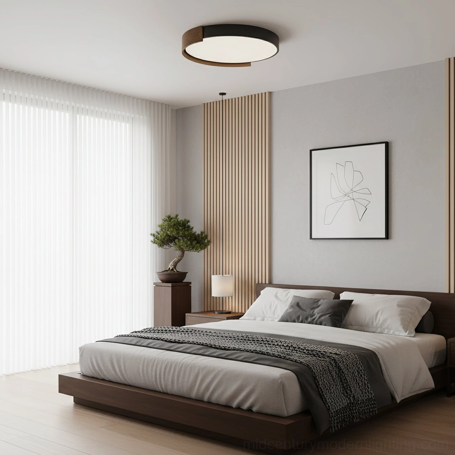 Mid-century modern wood ceiling lamp with walnut finish in master bedroom interior