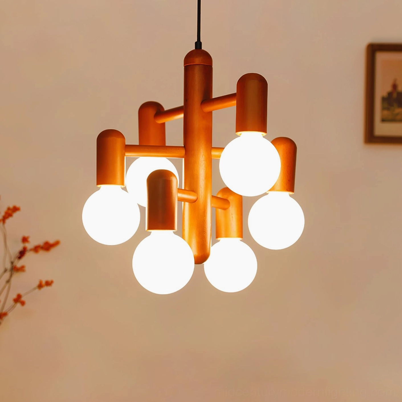 Illuminated wood pendant light with warm glowing opal glass globes, ambient lighting