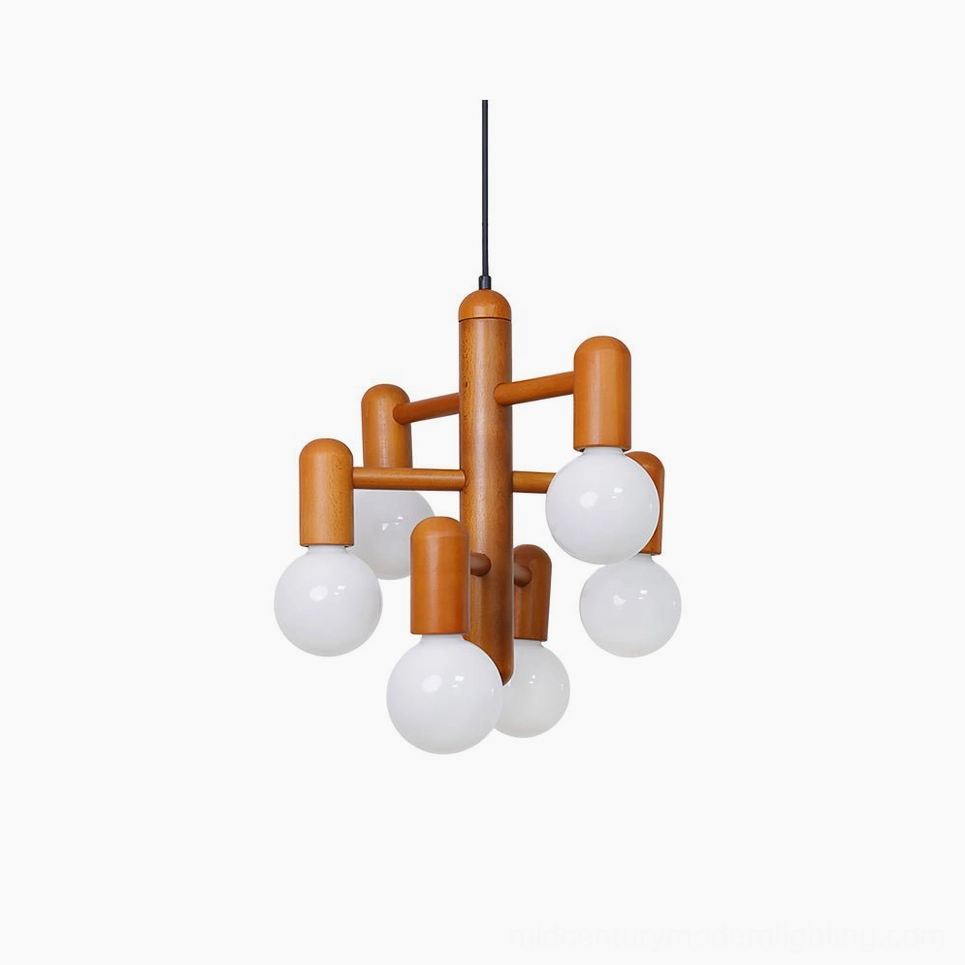 Mid-century modern wood pendant light with opal glass globes, overhead front view, walnut finish
