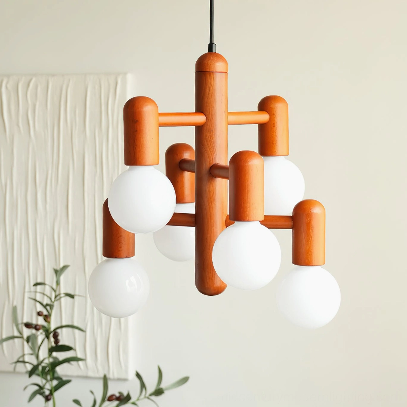 Wooden pendant light installed in Nordic rustic interior with green plant decor
