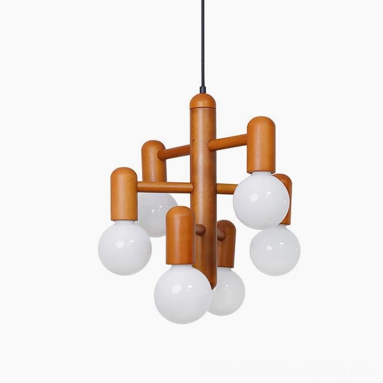 Mid-century modern wooden pendant light with white finish and opal glass globes