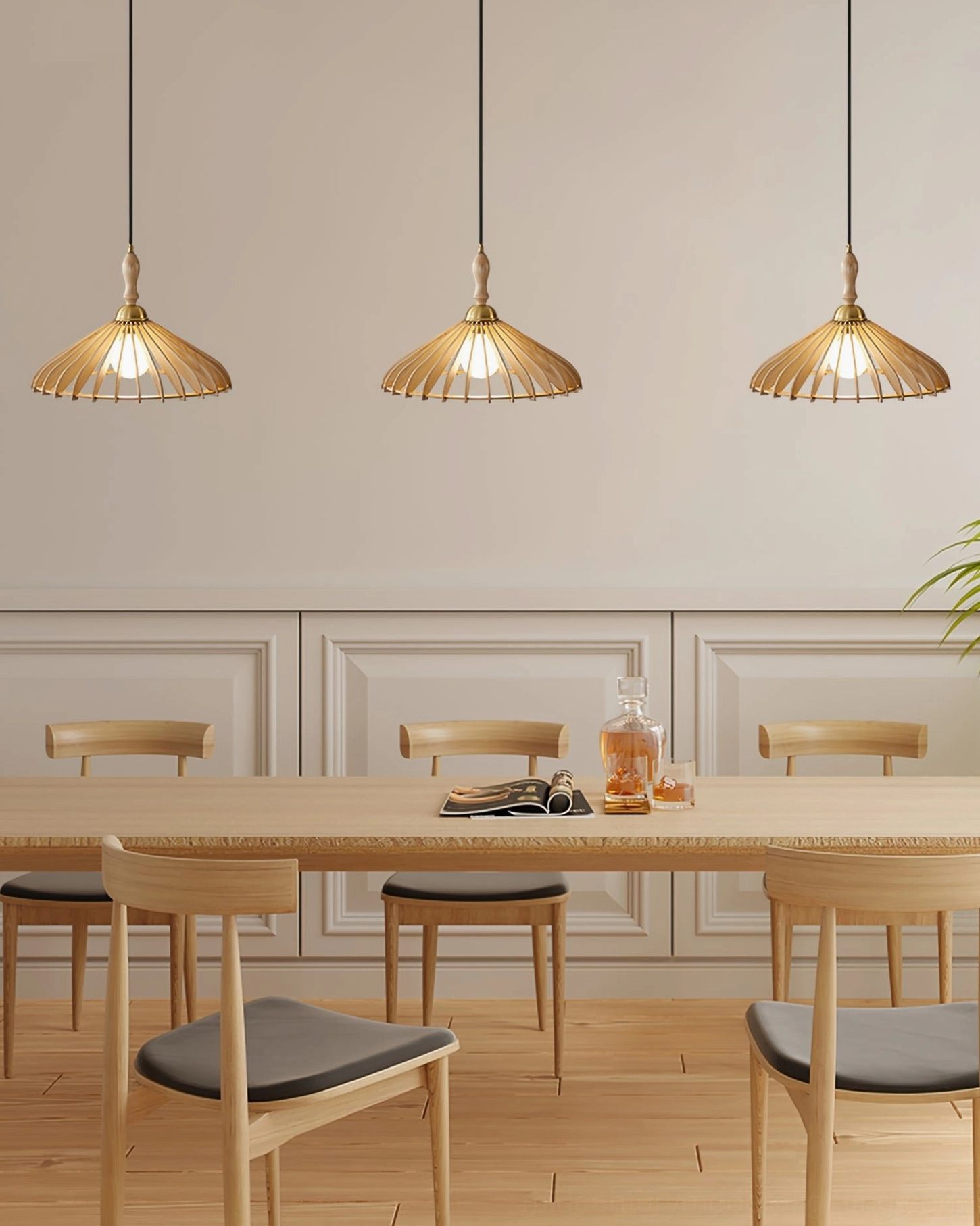 Mid-century modern umbrella wood pendant lamp showing slatted design detail and light diffusion pattern