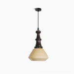 Mid-century modern wooden pendant light with rippled glass shade and turned wood hardware, studio front view showing cream and walnut finish options